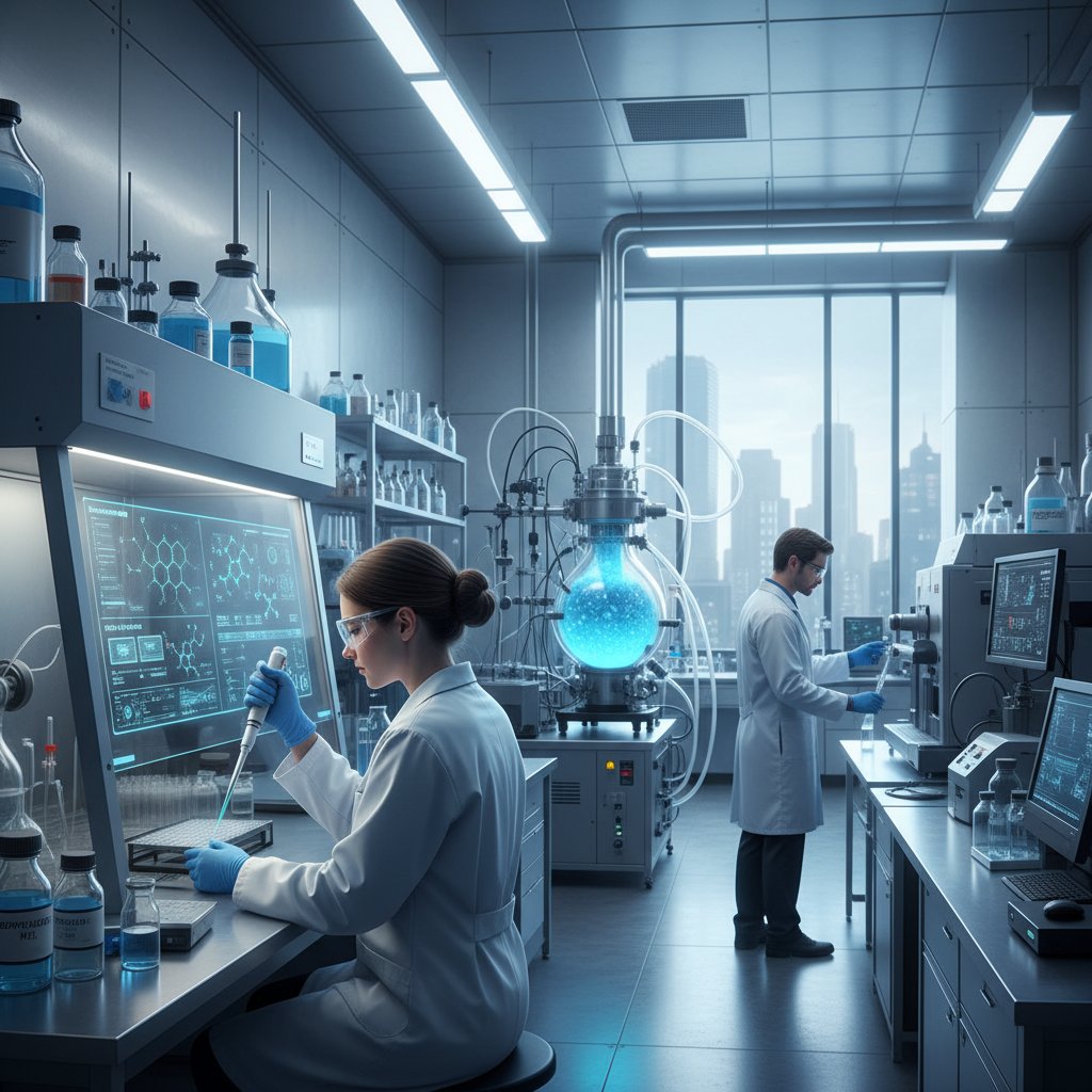Nowoczesne laboratorium, naukowcy analizujący próbki i ekran z napisem „doxycycline”