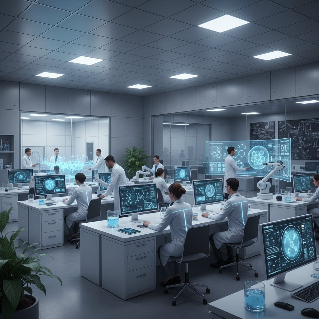 Nowoczesne laboratorium badawcze, naukowcy przy analizatorach, atmosfera innowacji