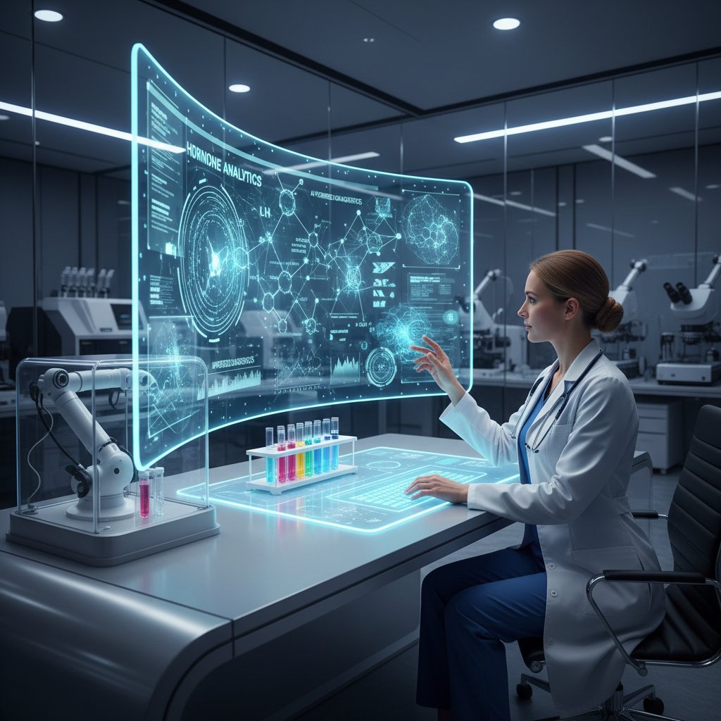 Nowoczesne laboratorium, ekran z wykresem i algorytmami AI, lekarz analizuje dane