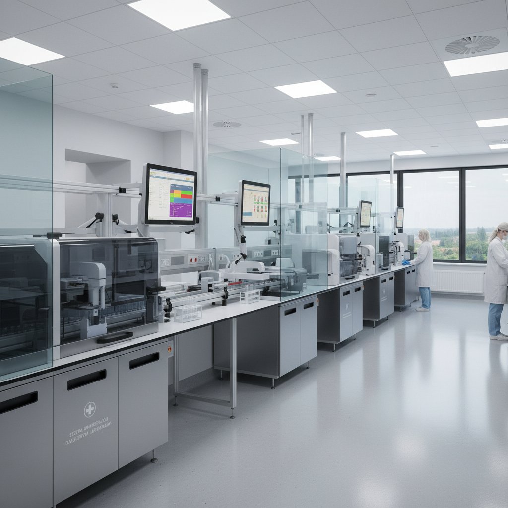 Nowoczesne laboratorium w polskim szpitalu, automatyczne analizatory i próbówki z krwią