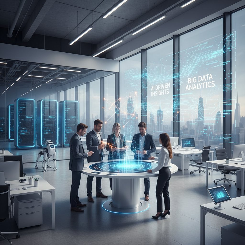 Nowoczesne biuro projektowe z zespołem korzystającym z narzędzi AI i big data