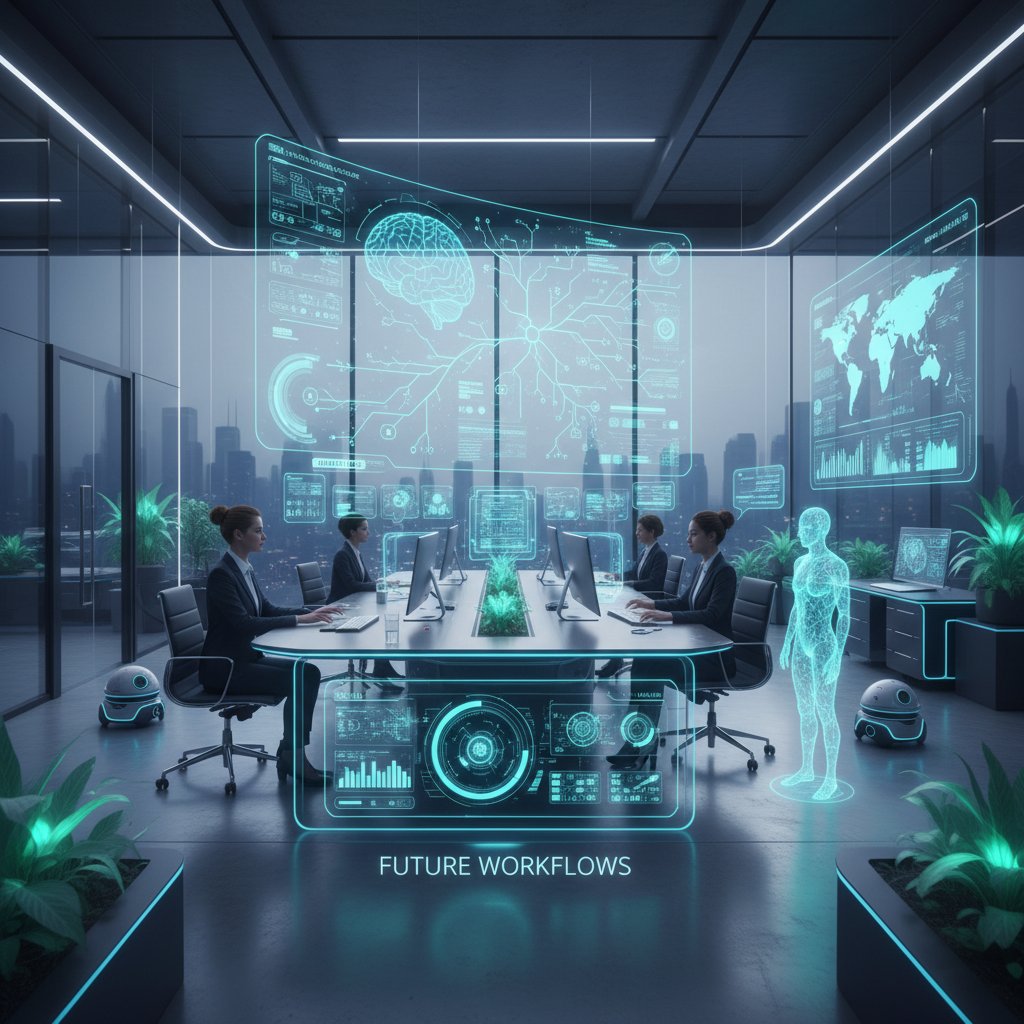 Nowoczesne biuro z interfejsem AI i zarządcą analizującym trendy technologiczne