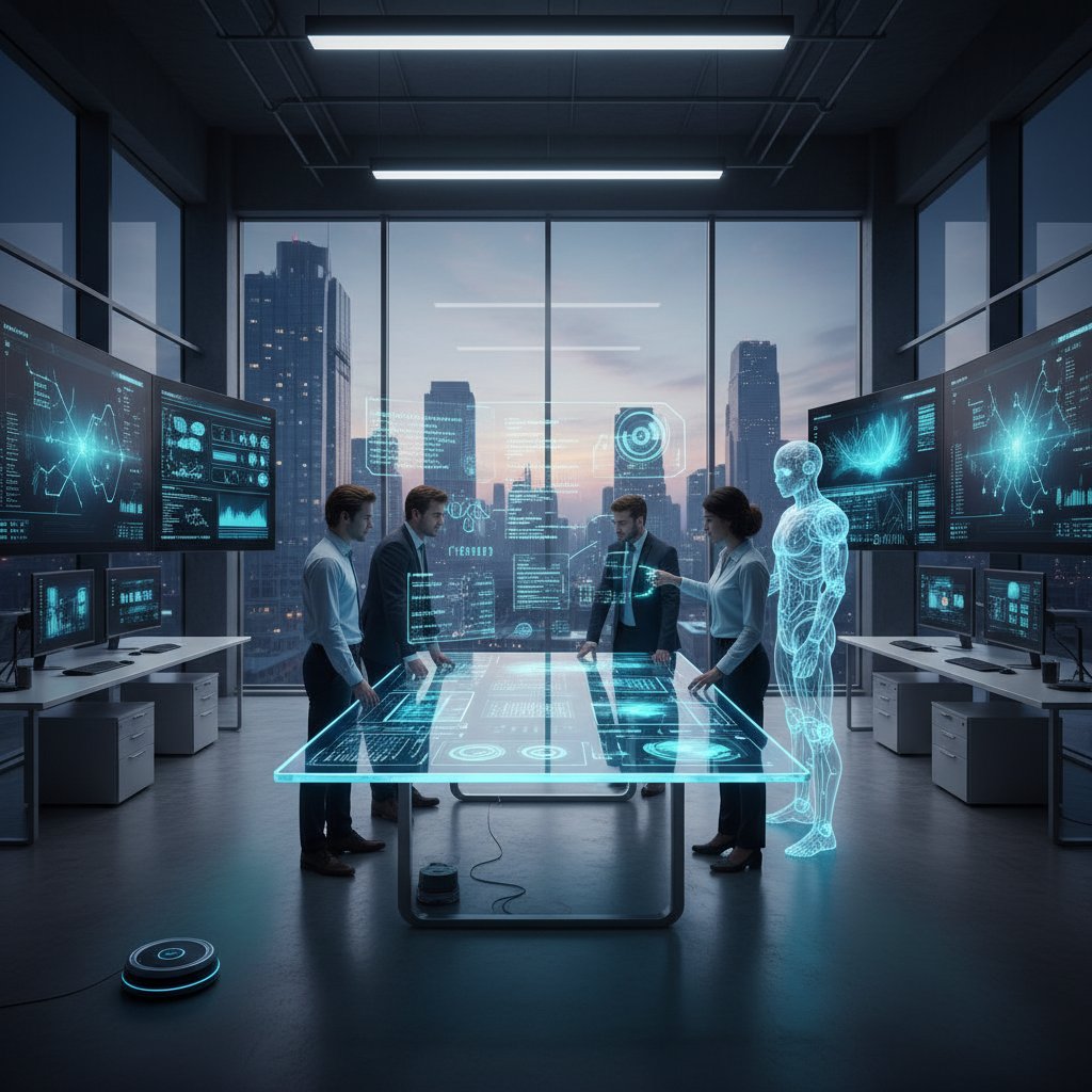 Nowoczesne biuro, pracownicy przy komputerach, widoczne technologie AI, wyraźne skupienie