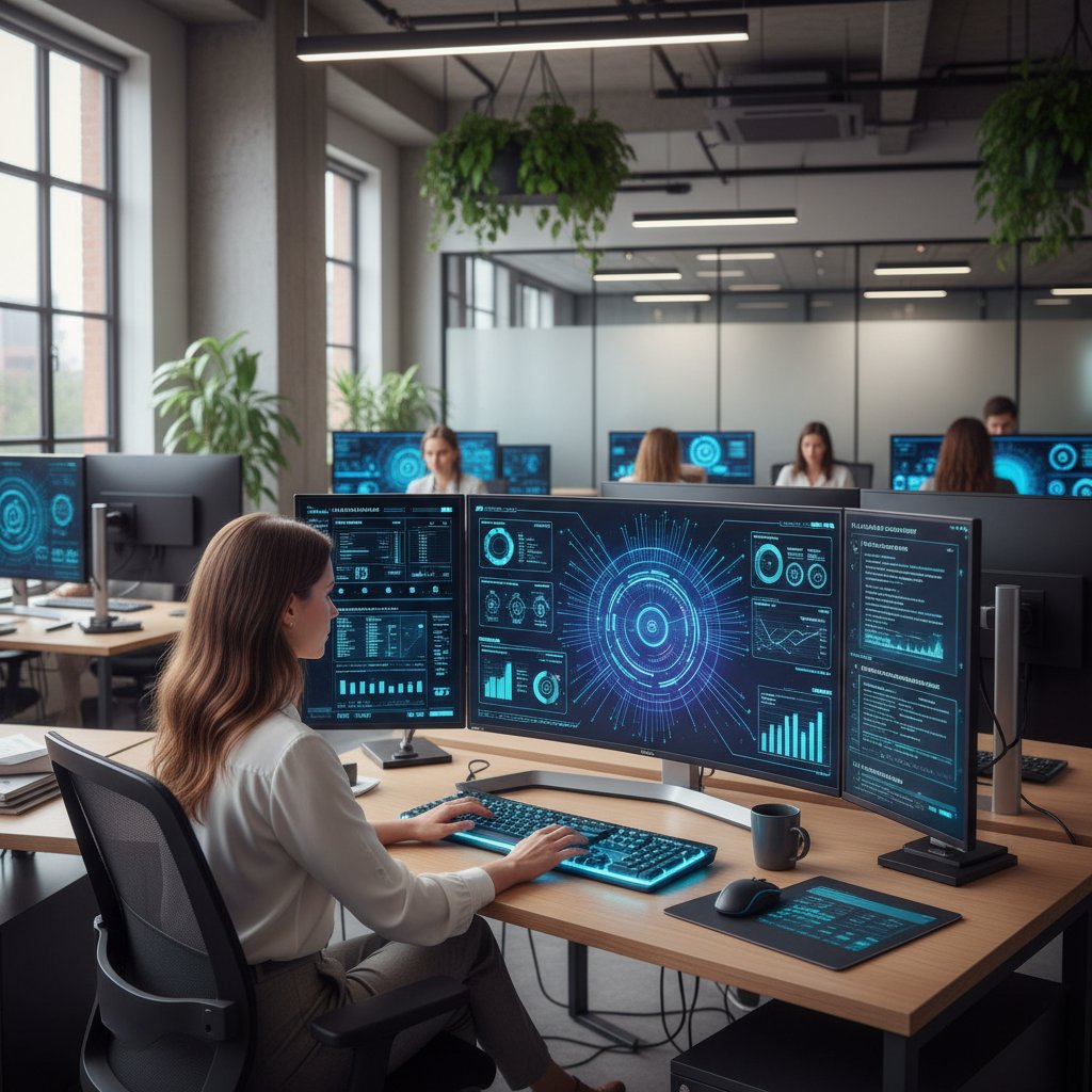 Nowoczesne biuro, gdzie analityk obserwuje cyfrowy dashboard z automatycznymi raportami rynkowymi