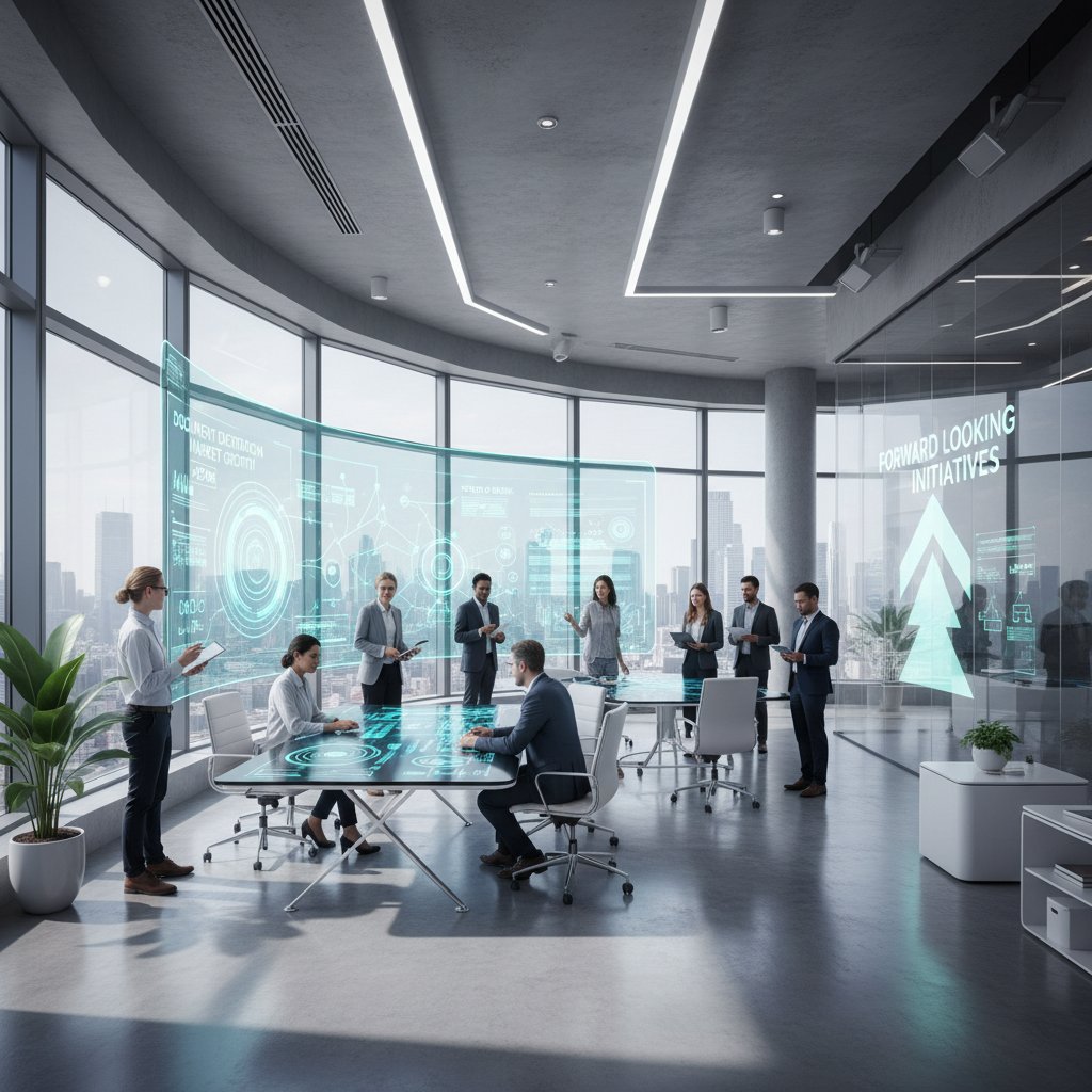 Empowering modern office photo with diverse team reviewing digital workflow charts—document digitization market growth, readiness assessment