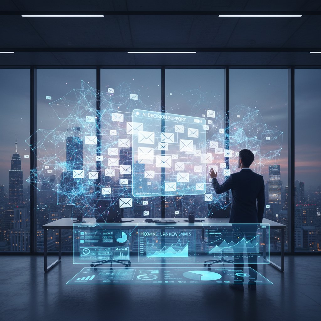 Modern office scene showing email-based decision workflow with glowing neural network overlays, edgy style
