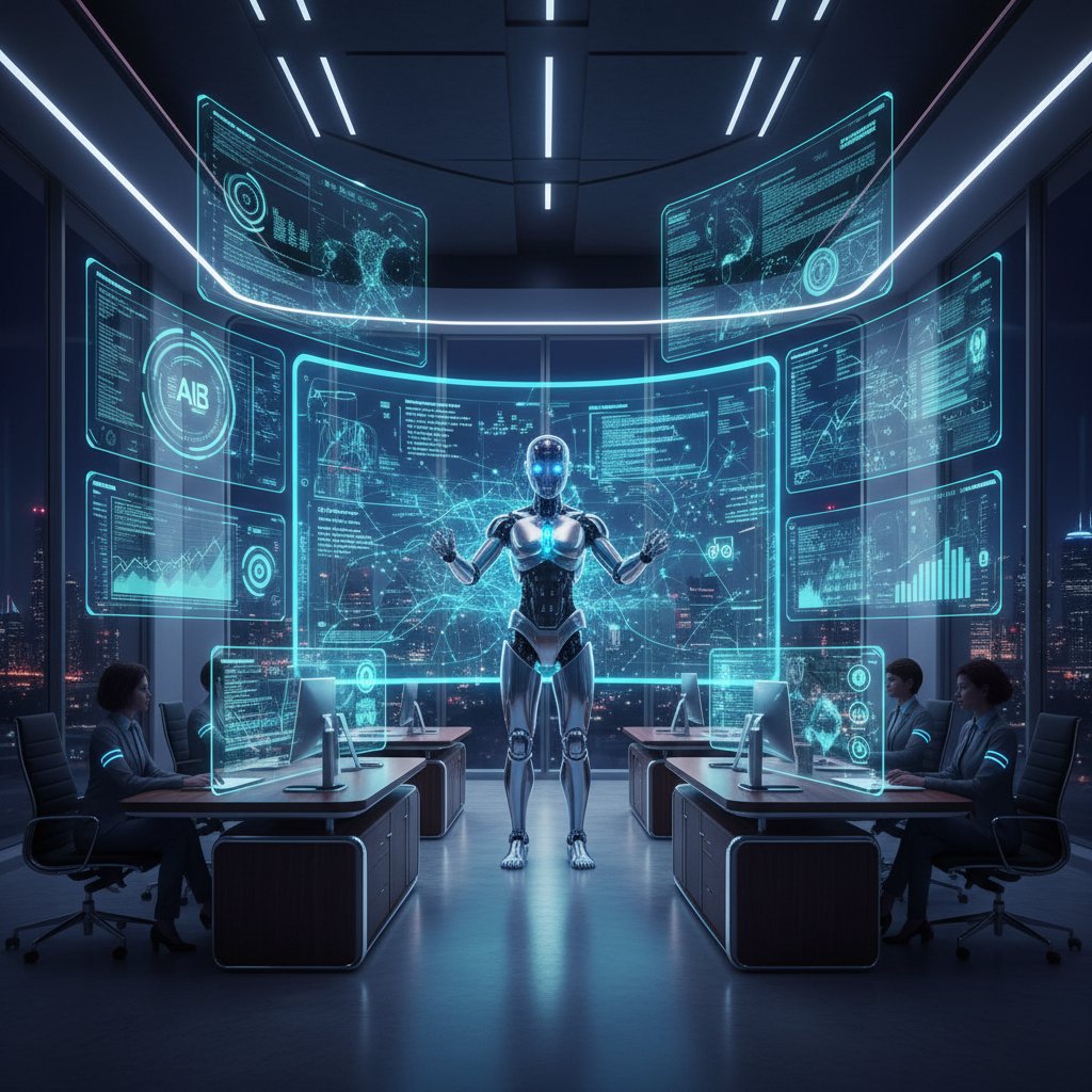 Nowoczesne biuro z holograficznymi dashboardami i AI analizującą dane