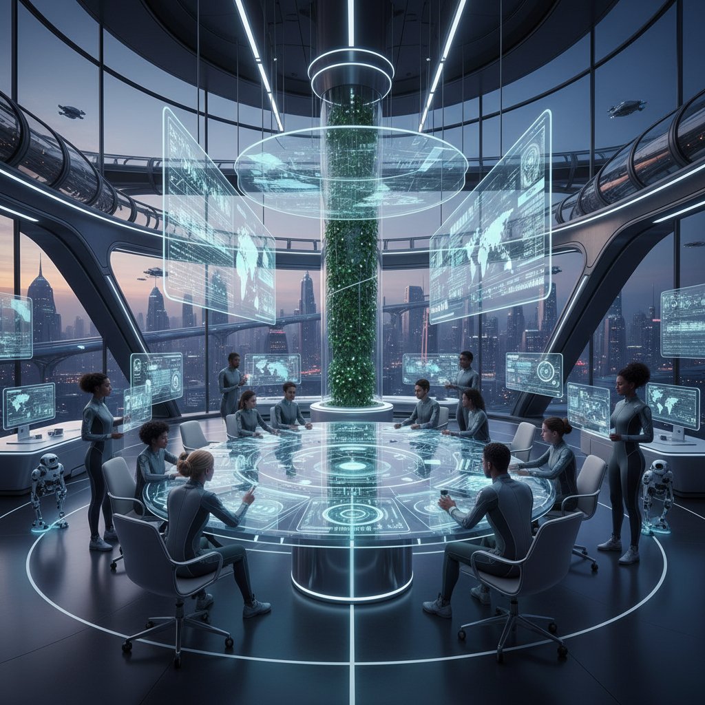 Nowoczesne biuro, zespół śledzi zmiany technologiczne na ekranie, atmosfera przyszłości