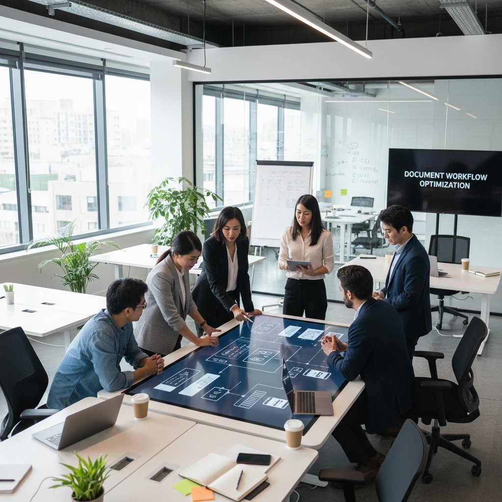 A diverse team in a modern office collaborating on a document scanning workflow review, representing future-proofing