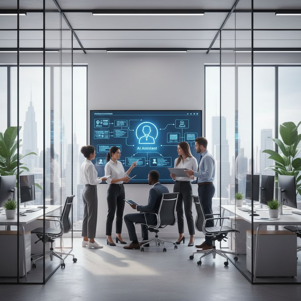 Modern office scene with diverse team evaluating digital assistant options for workflow automation