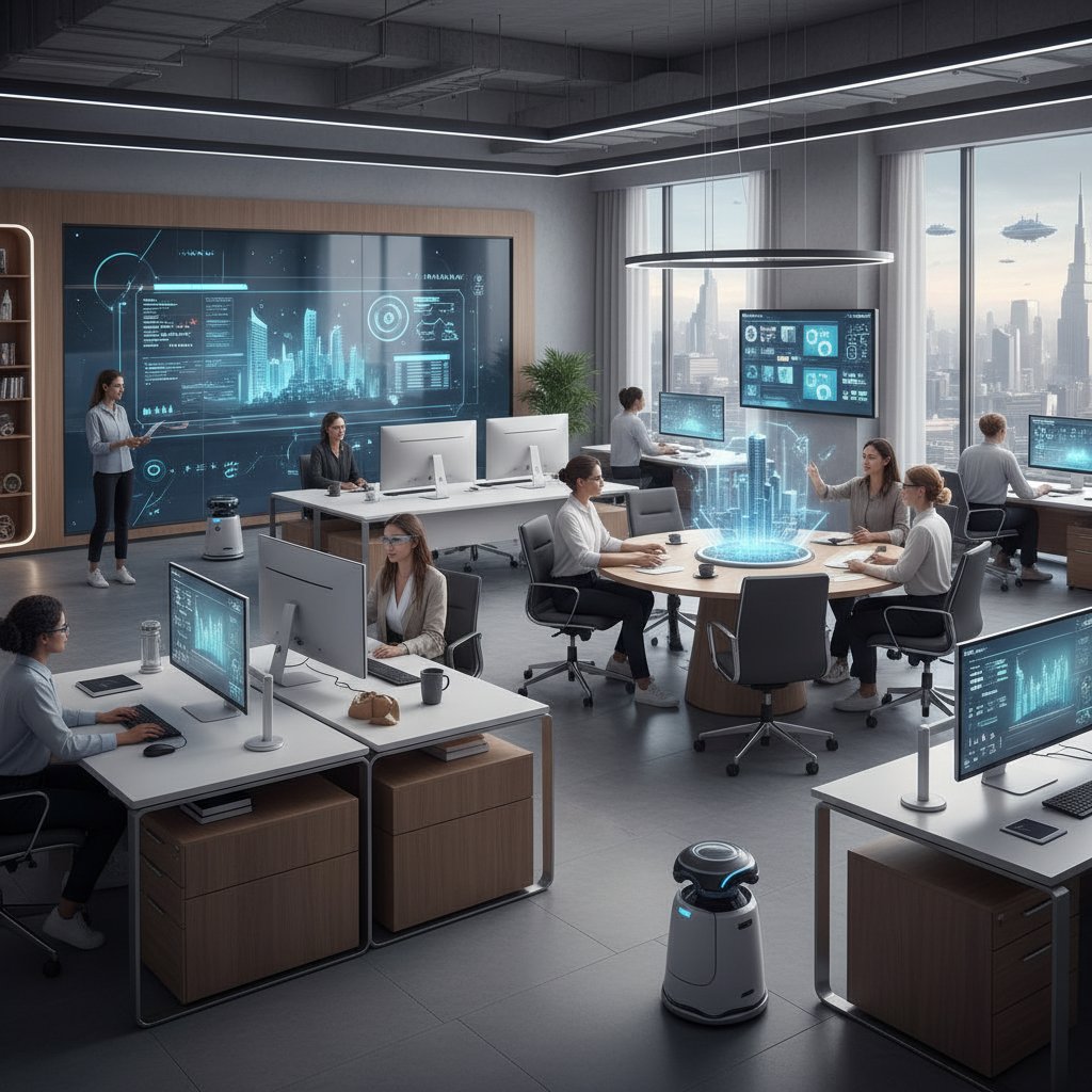 Nowoczesne biuro IT z tablicą prezentującą trendy technologiczne