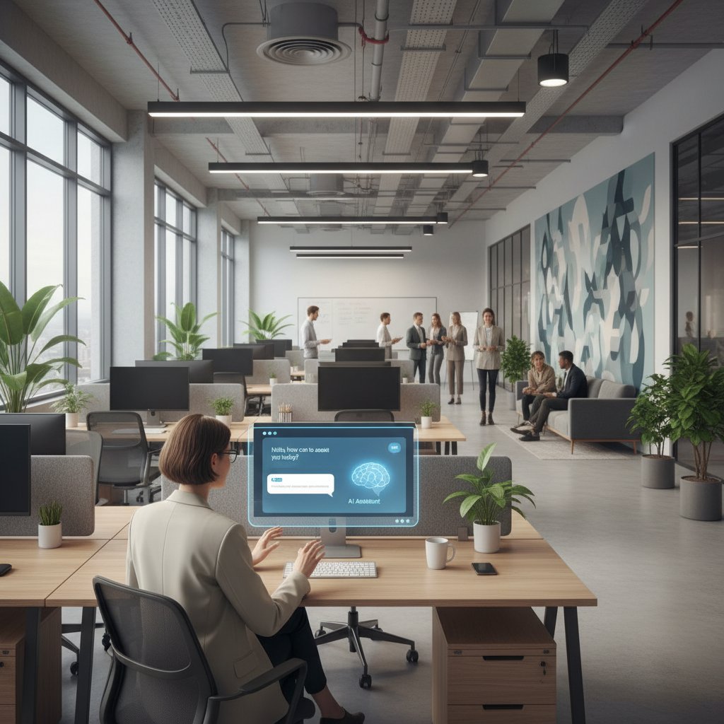 Nowoczesny pracownik biurowy korzysta z czatu AI w korporacyjnym open space