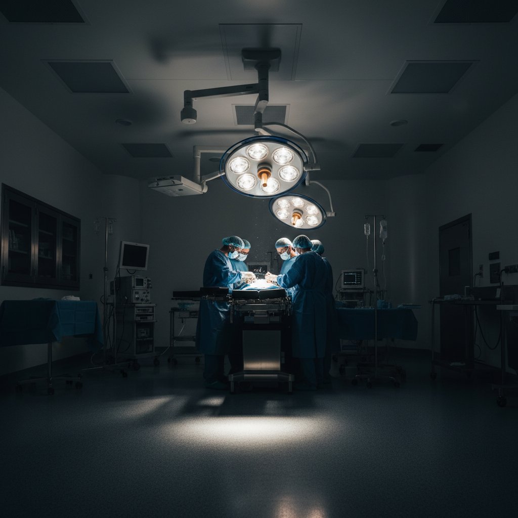 Nowoczesna sala operacyjna z intensywnym oświetleniem podczas zabiegu chirurgicznego