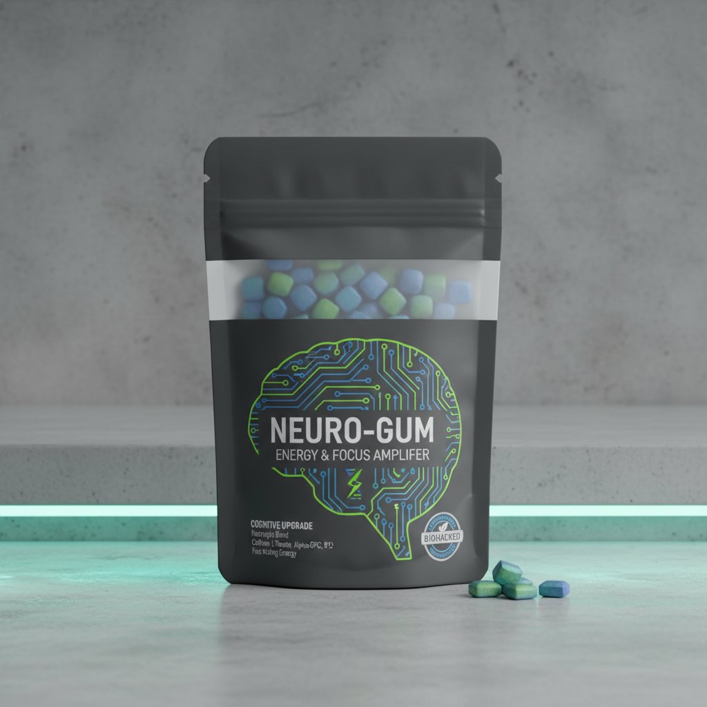 Nowoczesne opakowania gum, suplementów i energetyków, minimalistyczne tło, biohacking