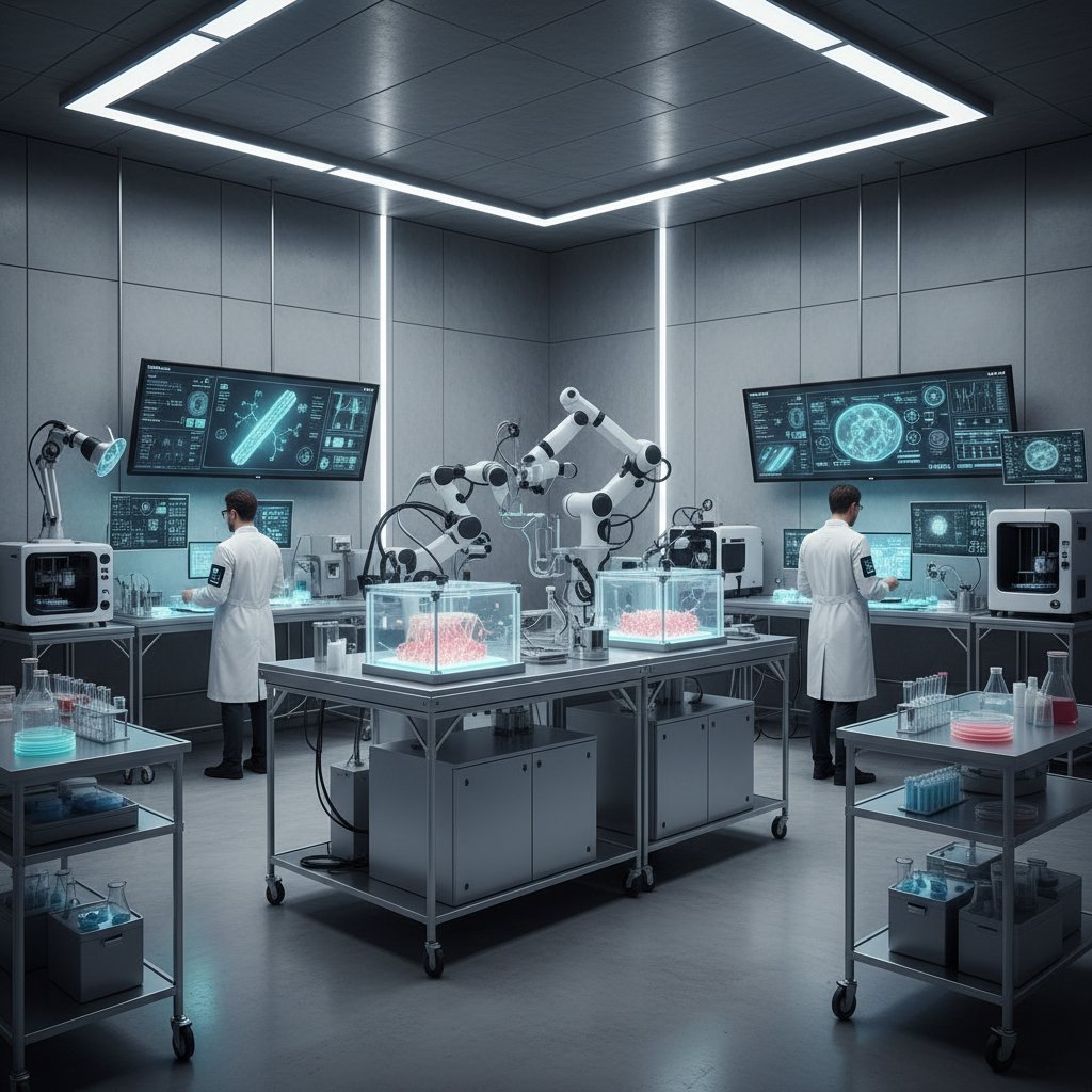 Nowoczesne laboratorium chirurgii plastycznej, lekarze testujący nowatorskie urządzenia