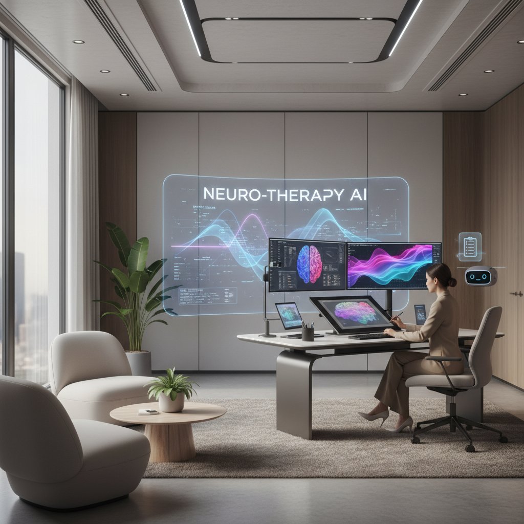 Nowoczesny gabinet terapeutyczny z ekranem AI, twórca sztuki przy komputerze, urzędnik z asystentem