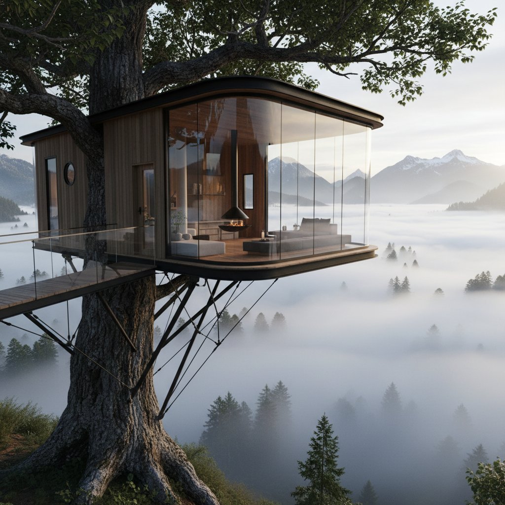Modern treehouse with panoramic windows and foggy valley view, perfect for unique stays and Instagram moments