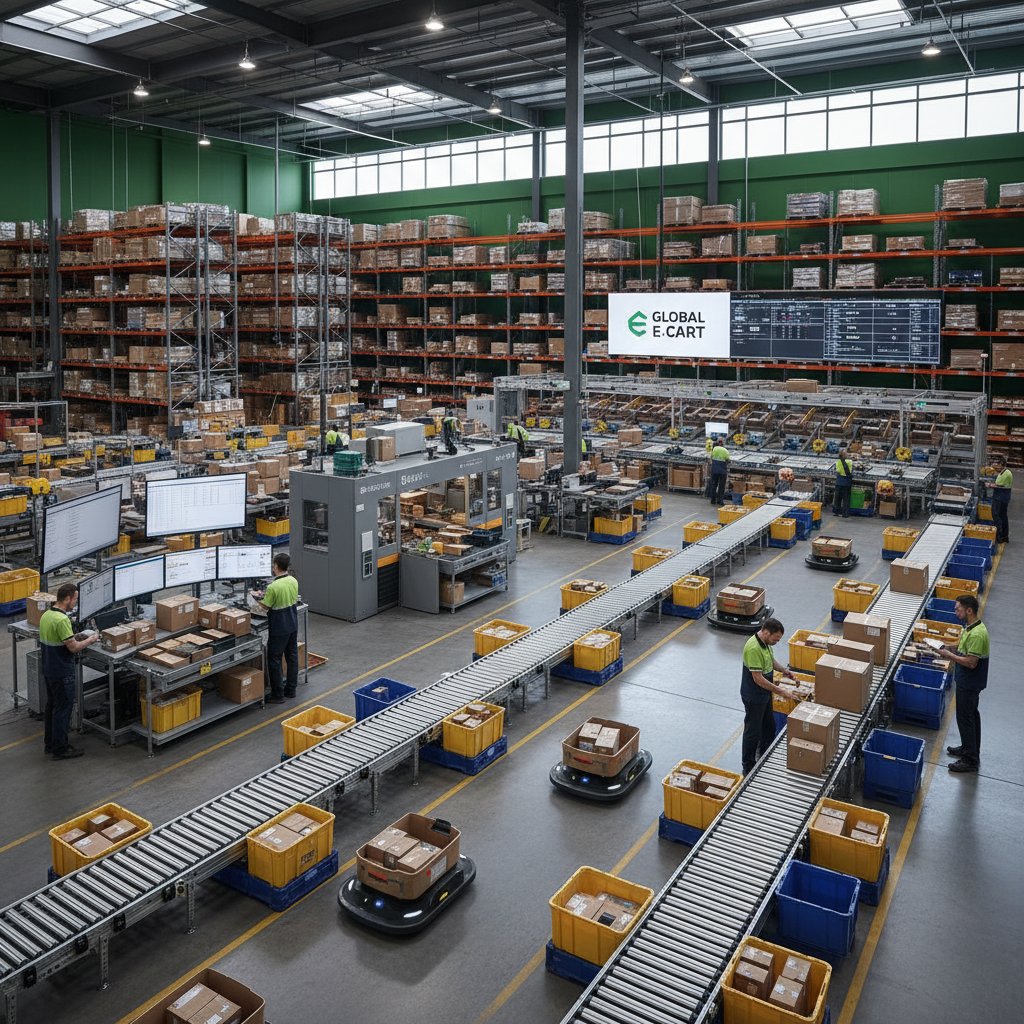 Nowoczesne centrum logistyczne z pracownikami i robotami przy regałach produktów, symbolizujące automatyzację w e-commerce