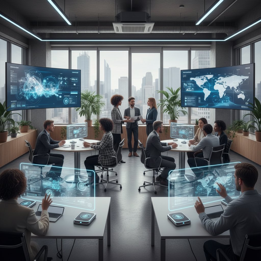 Modern workspace with diverse professionals interacting with AI assistants on multiple devices, symbolizing the collaborative future of the AI chatbot industry