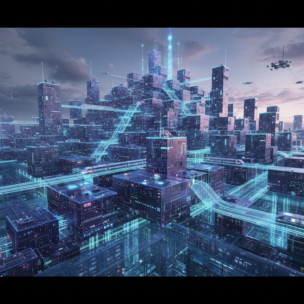 Modular workflow diagram overlaid on a cityscape, illustrating scalable digital infrastructure for enterprise document summarization
