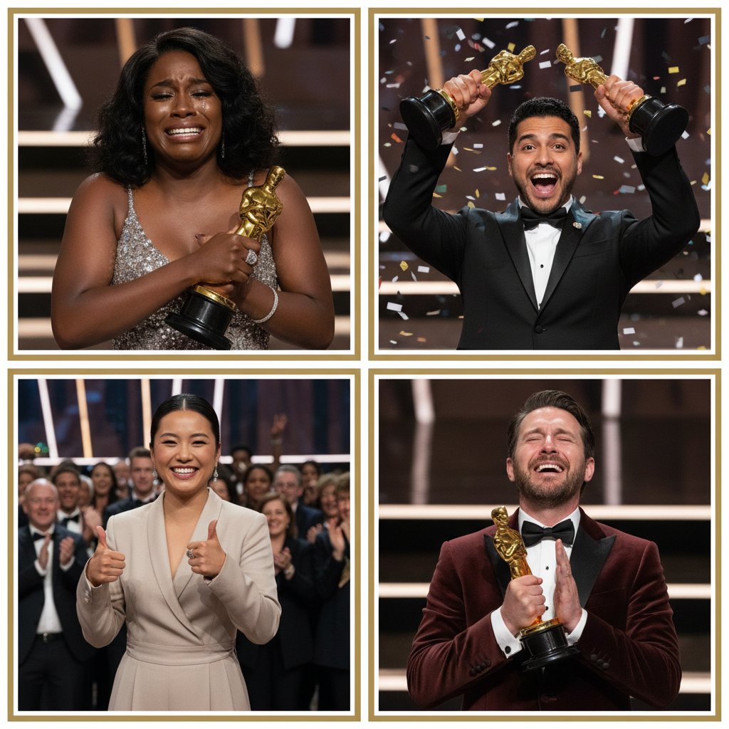 Montage of comedians holding Oscar statuettes, emotional and victorious, 16:9