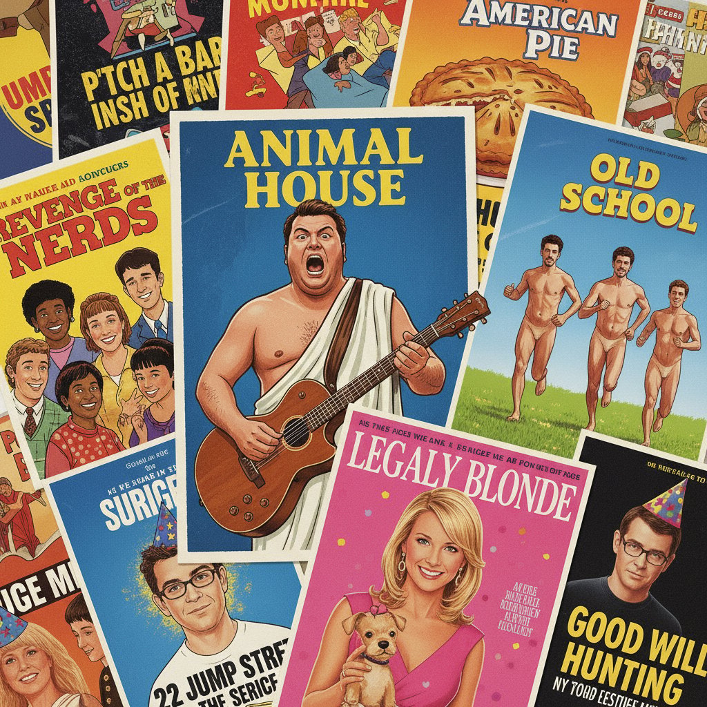 Montage of iconic college comedy movie posters overlapping, bold colors, representing the genre’s evolution