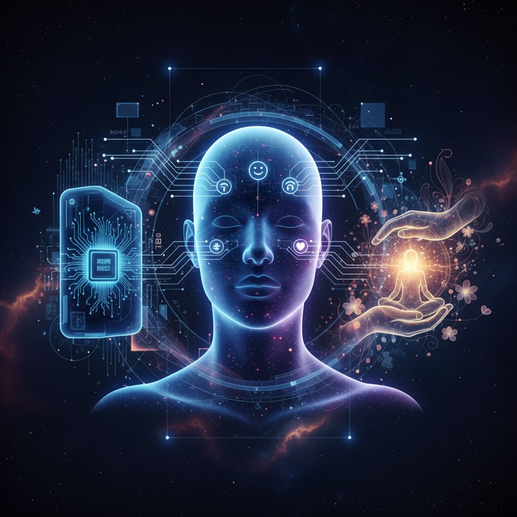 Programista testujący AI pieska na komputerze, słowa kluczowe: mood detection, AI development, emotional support