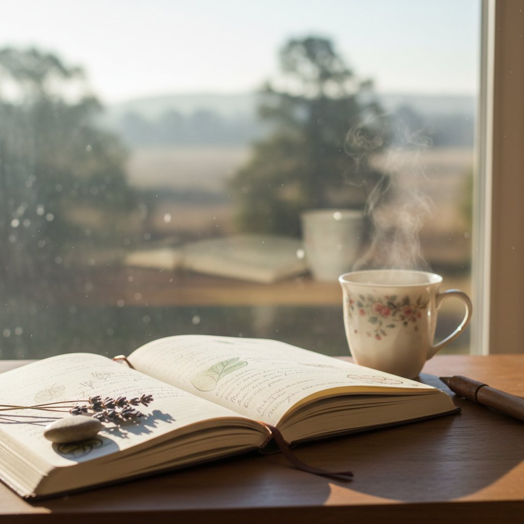 Morning light streaming on a journal open to a half-finished entry, calm mindful atmosphere