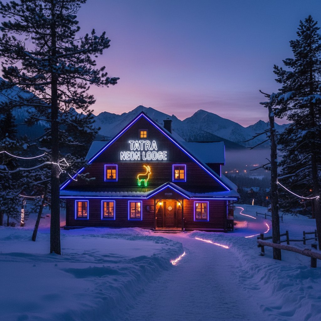Widok na tradycyjną kwaterę w Bukowinie Tatrzańskiej, Tatry w tle, wieczorne światła