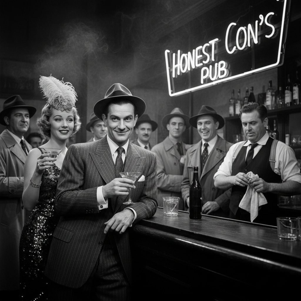 Film noir style close-up of a grifter protagonist flashing a mischievous grin in a dimly lit bar, embodying the movie honest con comedy spirit