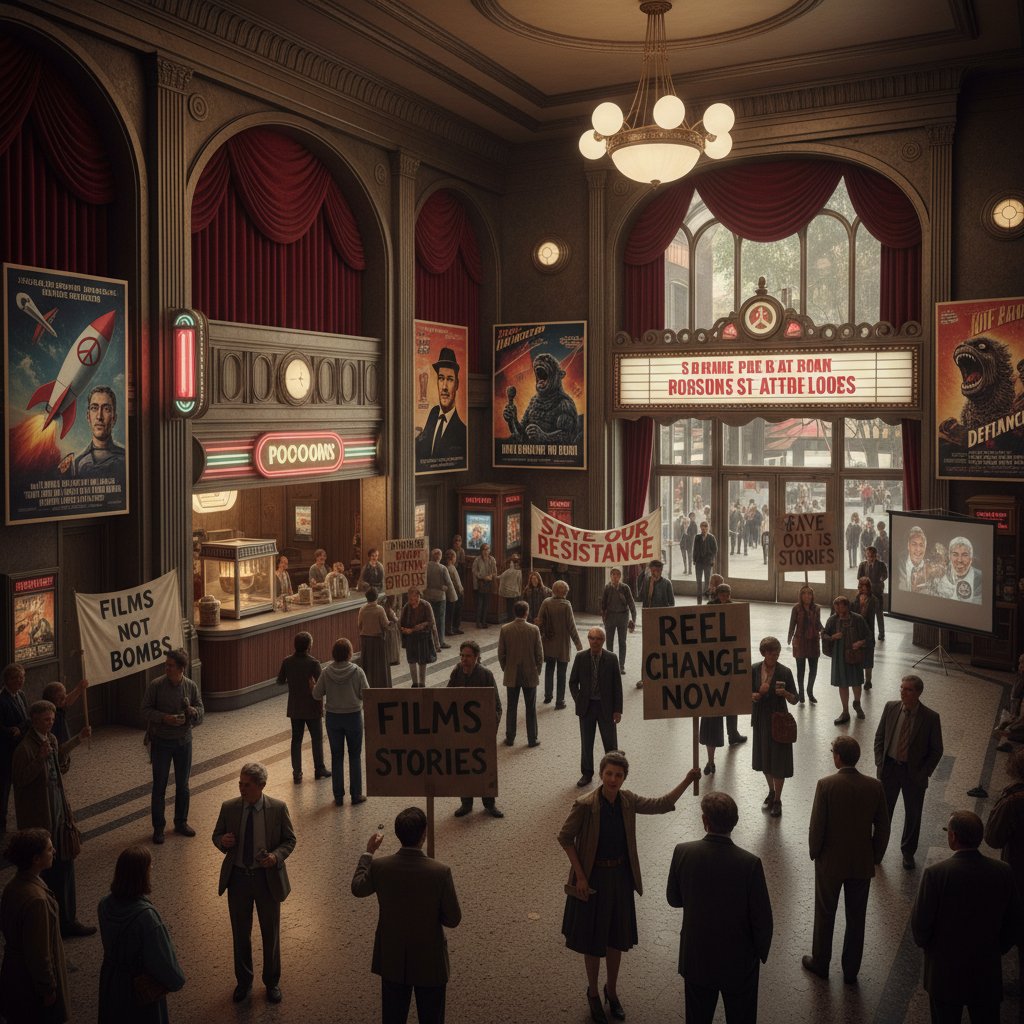 Movie theater lobby with protest signs and vintage posters. Alt: Theater lobby during a controversial movie re-release with protest signs and classic film posters.