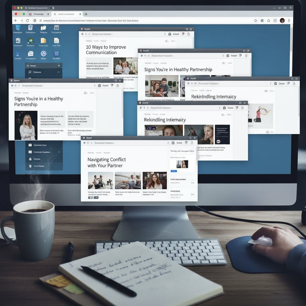Multiple browser windows open with different relationship advice articles, illustrating the overwhelming variety of online formats.