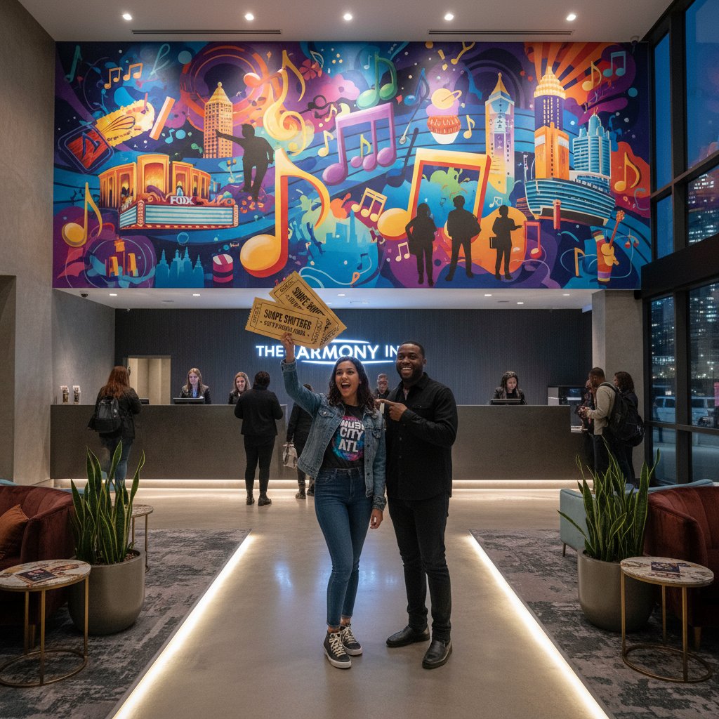 Young man at a boutique Atlanta hotel, holding concert tickets, vibrant mural background