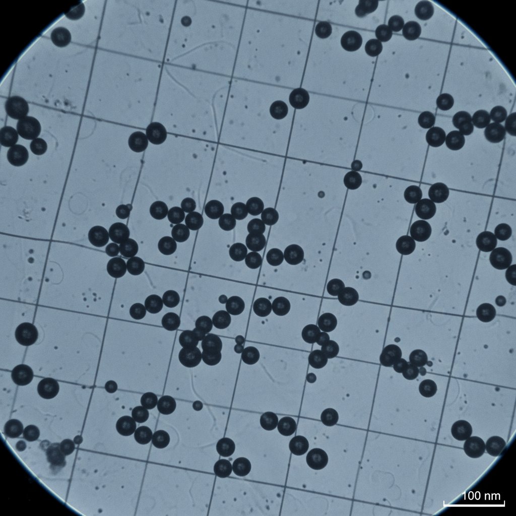 Zbliżenie na cząstki nanotechnologiczne pod mikroskopem elektronowym, dynamiczna kompozycja