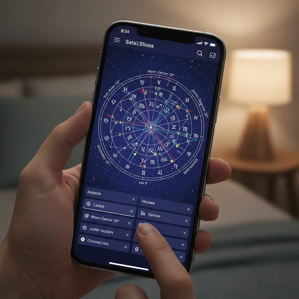 Nowoczesna infografika kosmogramu na ekranie smartfona, wizualizacja układu astrologicznego