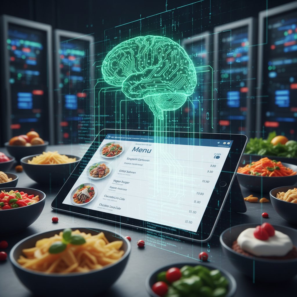 Close-up photo of computer screen with food-related NLP data, developers training chatbot with menu terminology