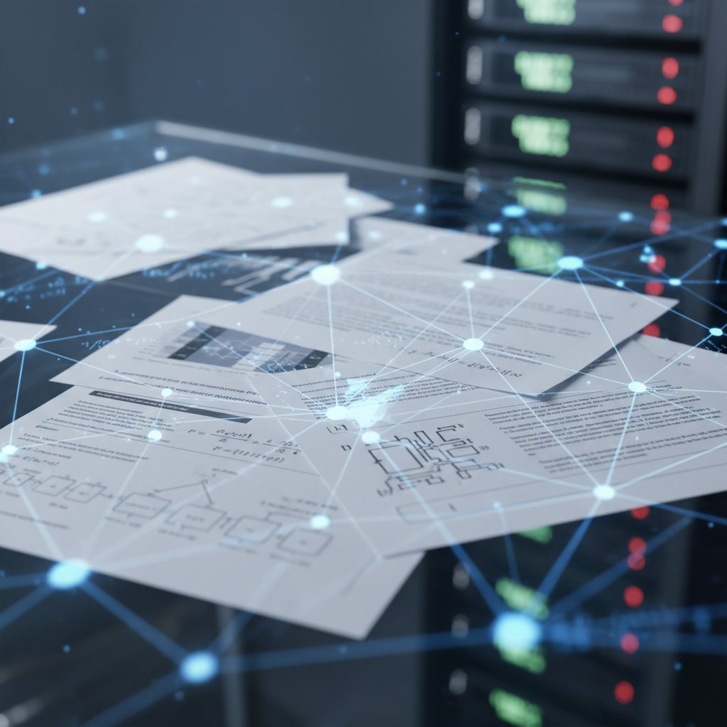 Neural network visual with overlays of document excerpts, showing how AI processes information