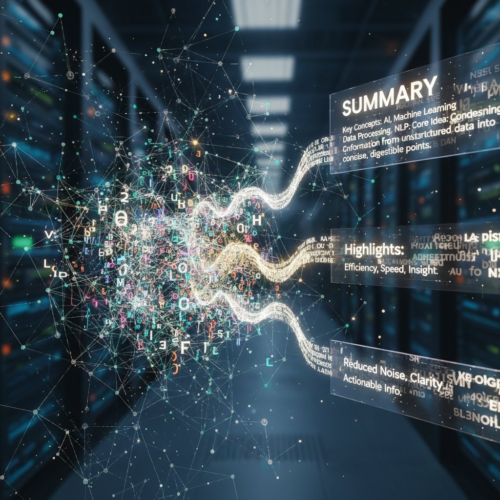 A neural network visualized as bright lines transforming a messy research paper into a concise summary, symbolizing document summarizer for researchers process