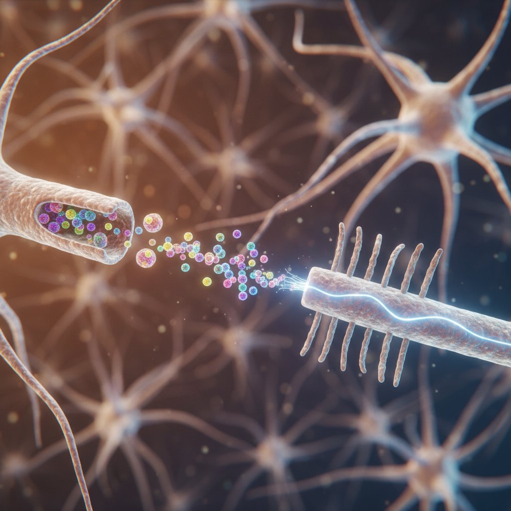 Schemat działania oksytocyny na synapsach nerwowych – fotografie neuronów w dużym powiększeniu, neurohormon w akcji, oksytocyna