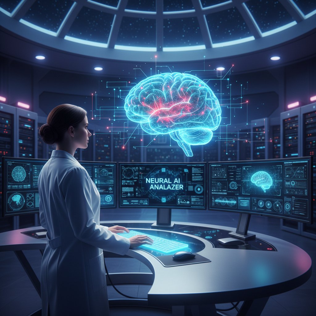 Laboratorium neuronowe – naukowiec analizuje aktywność mózgu obok komputera z wizualizacją sztucznej inteligencji