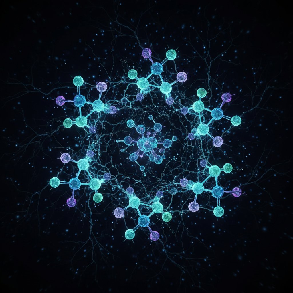 Makrofotografia kolorowych cząsteczek neuroprzekaźników w interakcji, styl arty science, tło ciemne, szczegółowe