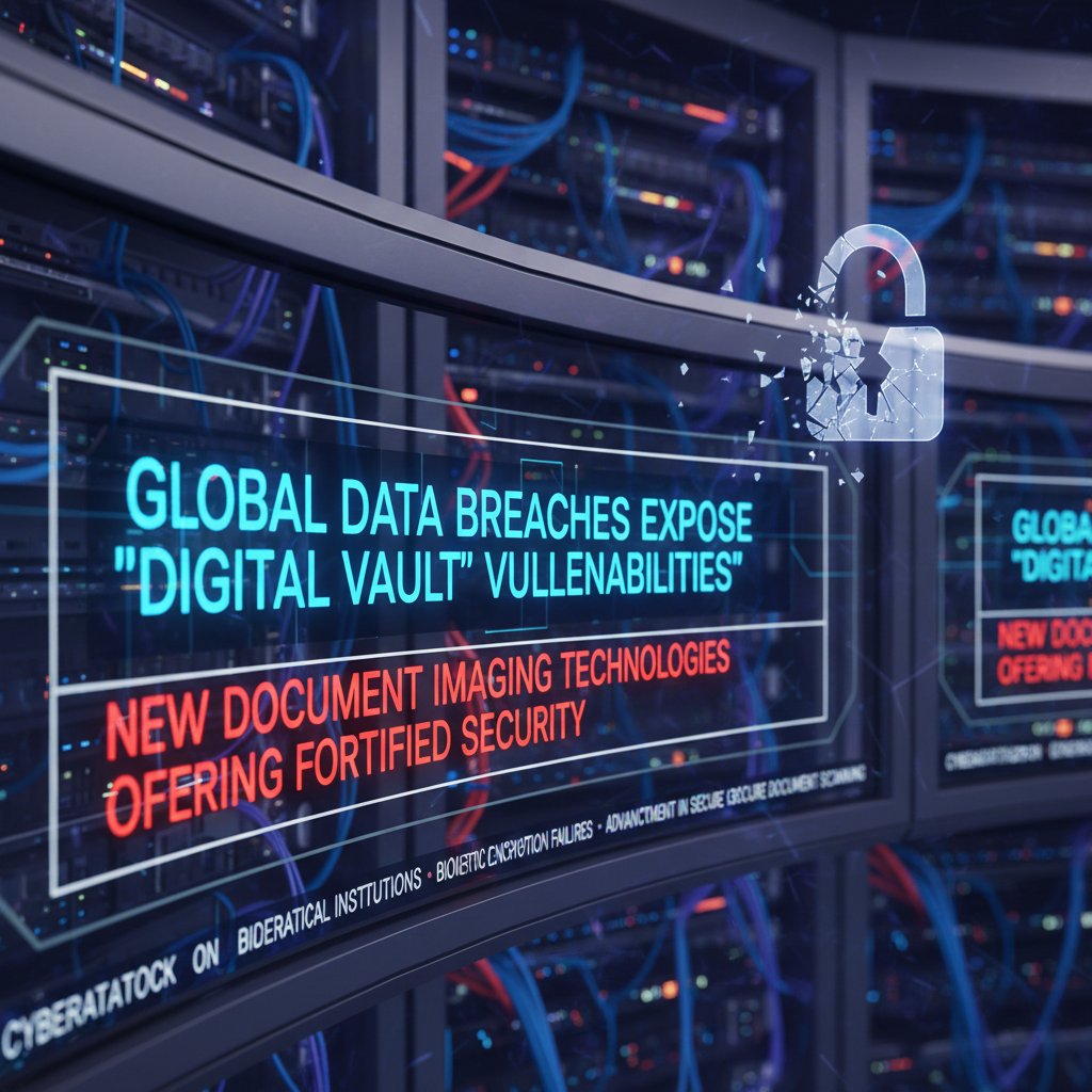 News headlines about data breaches superimposed on a locked digital vault, representing security failures in document imaging
