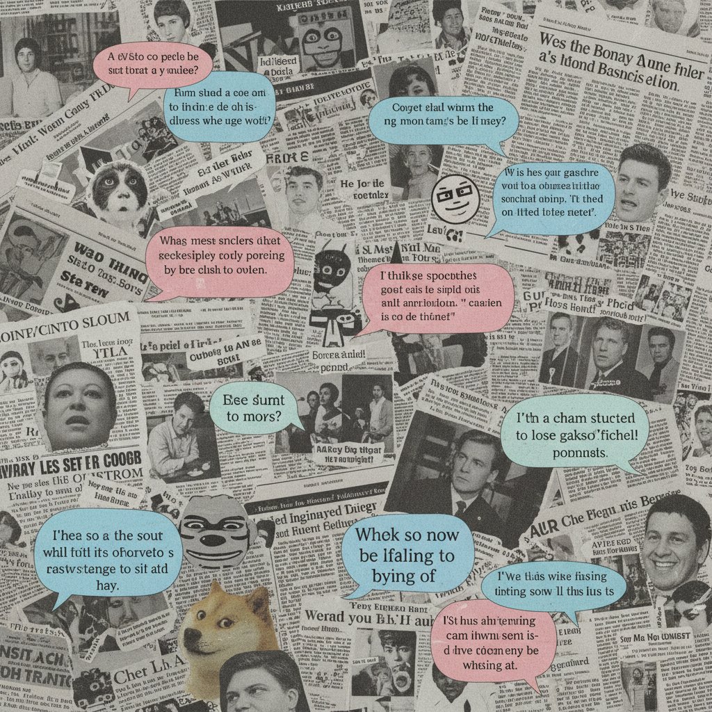 Źródła inspiracji do rozmów, które poprawiają humor: gazety, memy, dymki czatowe w kreatywnym kolażu