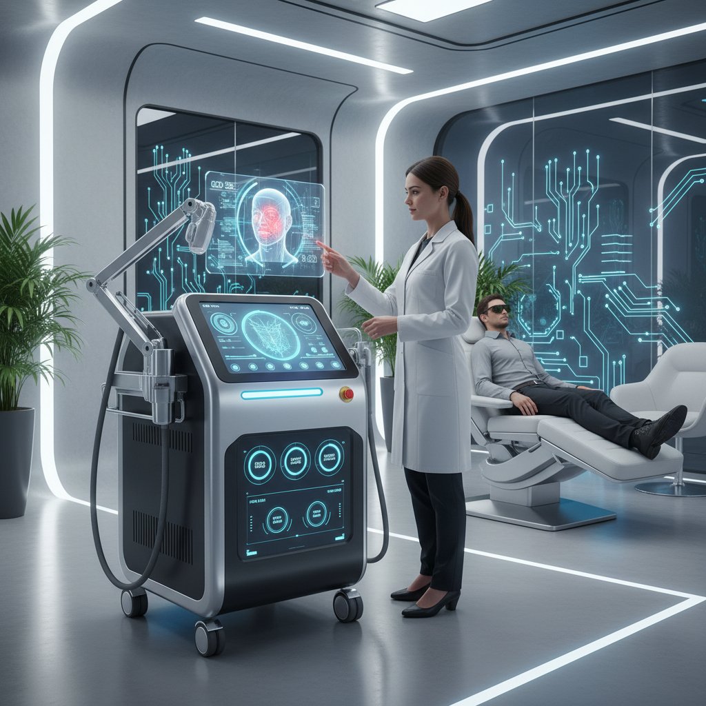 Nowoczesna technologia laserowa CO2, futurystyczny gabinet, panel cyfrowy, jasne kolory