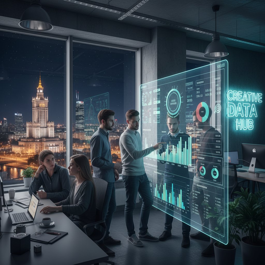 Nocna scena w warszawskiej agencji reklamowej, dashboardy danych i zespół analizujący kampanię