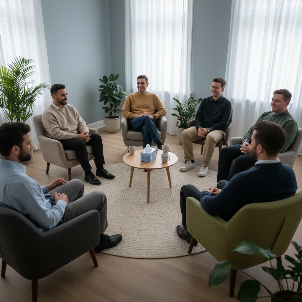 Osoby niebinarne i mężczyźni podczas grupowej terapii w neutralnej przestrzeni