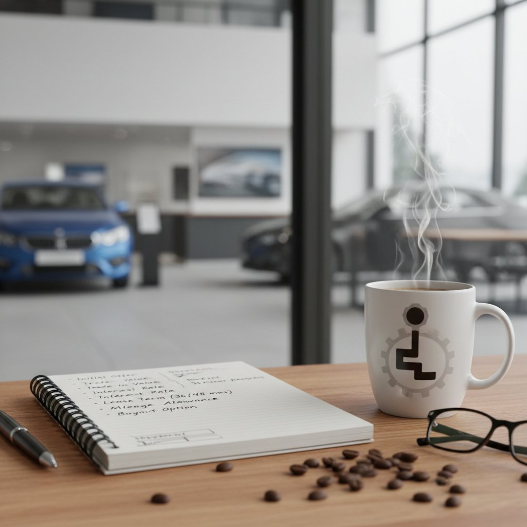 Overhead shot of a notepad with handwritten lease negotiation scripts, coffee cup nearby
