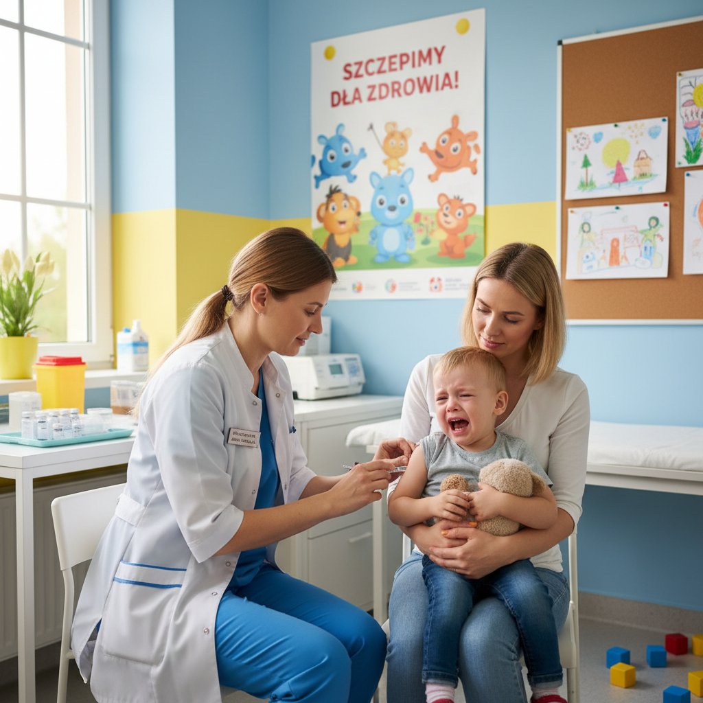 Szczepionka podawana dziecku przez pielęgniarkę w polskiej przychodni, realistyczna fotografia, skupienie na emocjach