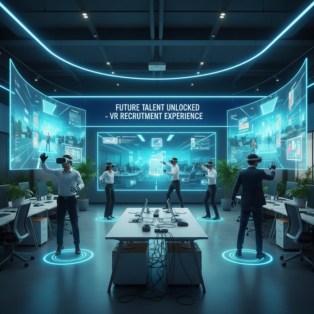 Nowoczesne biuro z zespołem korzystającym z VR podczas gry rekrutacyjnej; zaawansowane technologie, dynamiczna scena