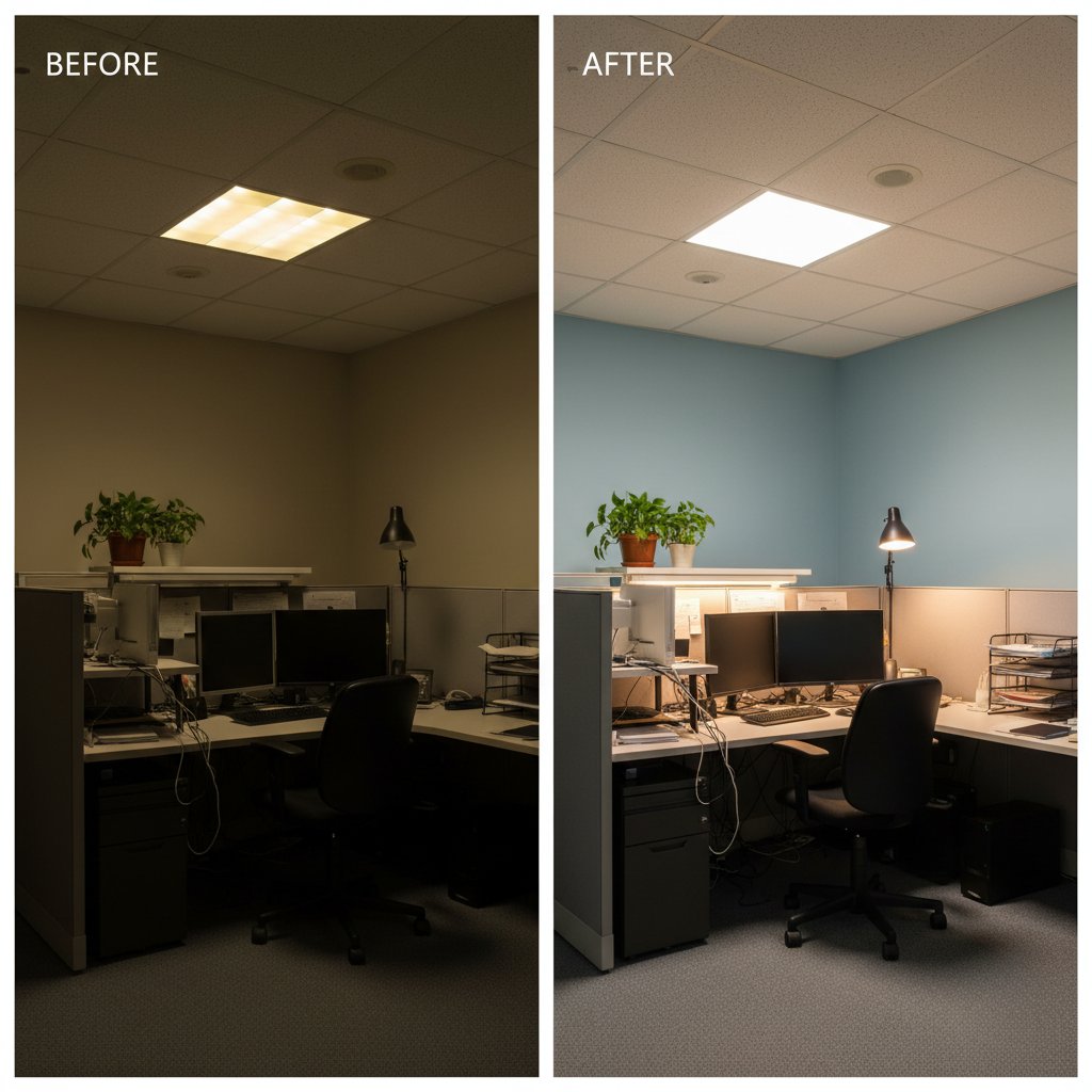 Workspace comparison pre and post lighting redesign